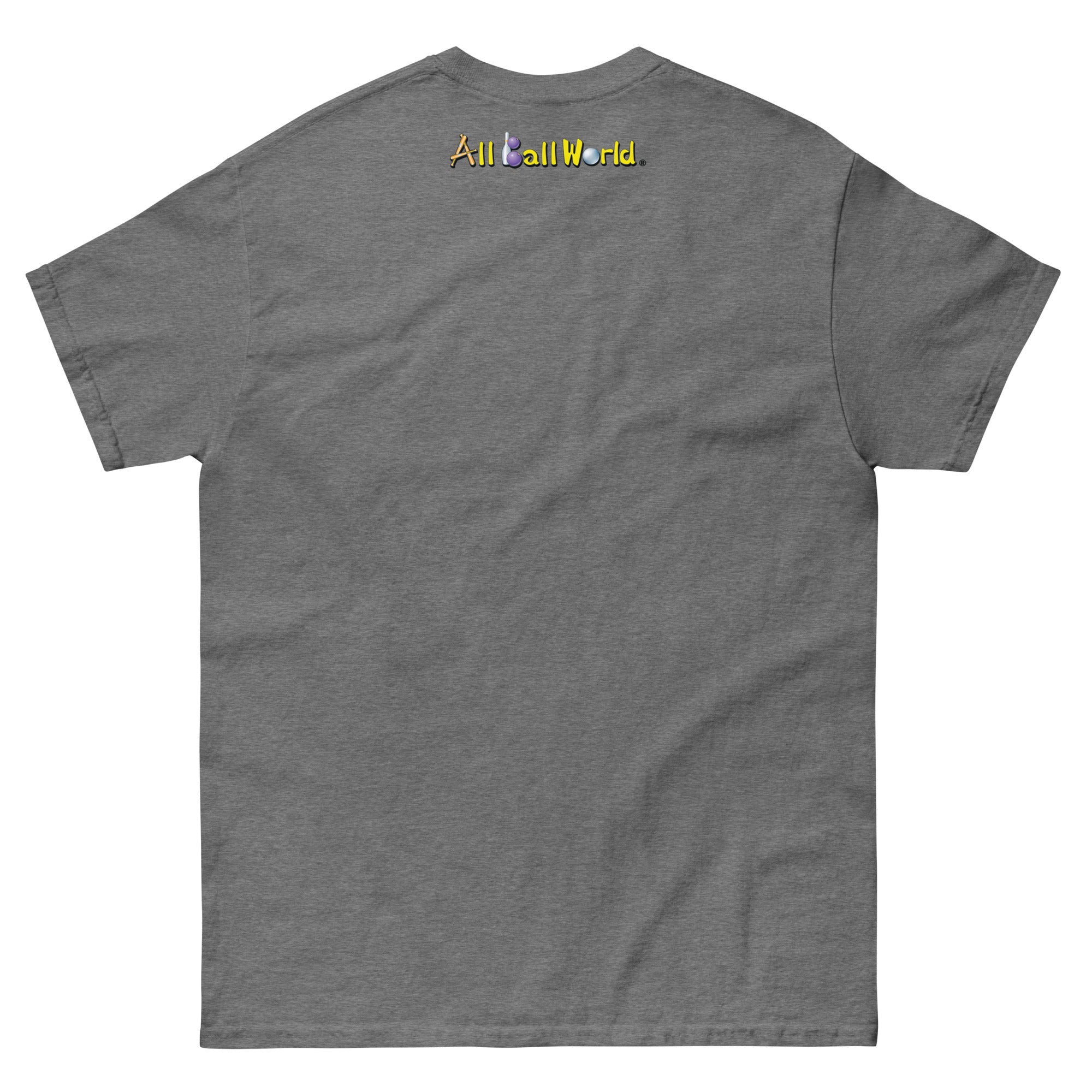 Gray t-shirt with 'All Ball World' text on the back
