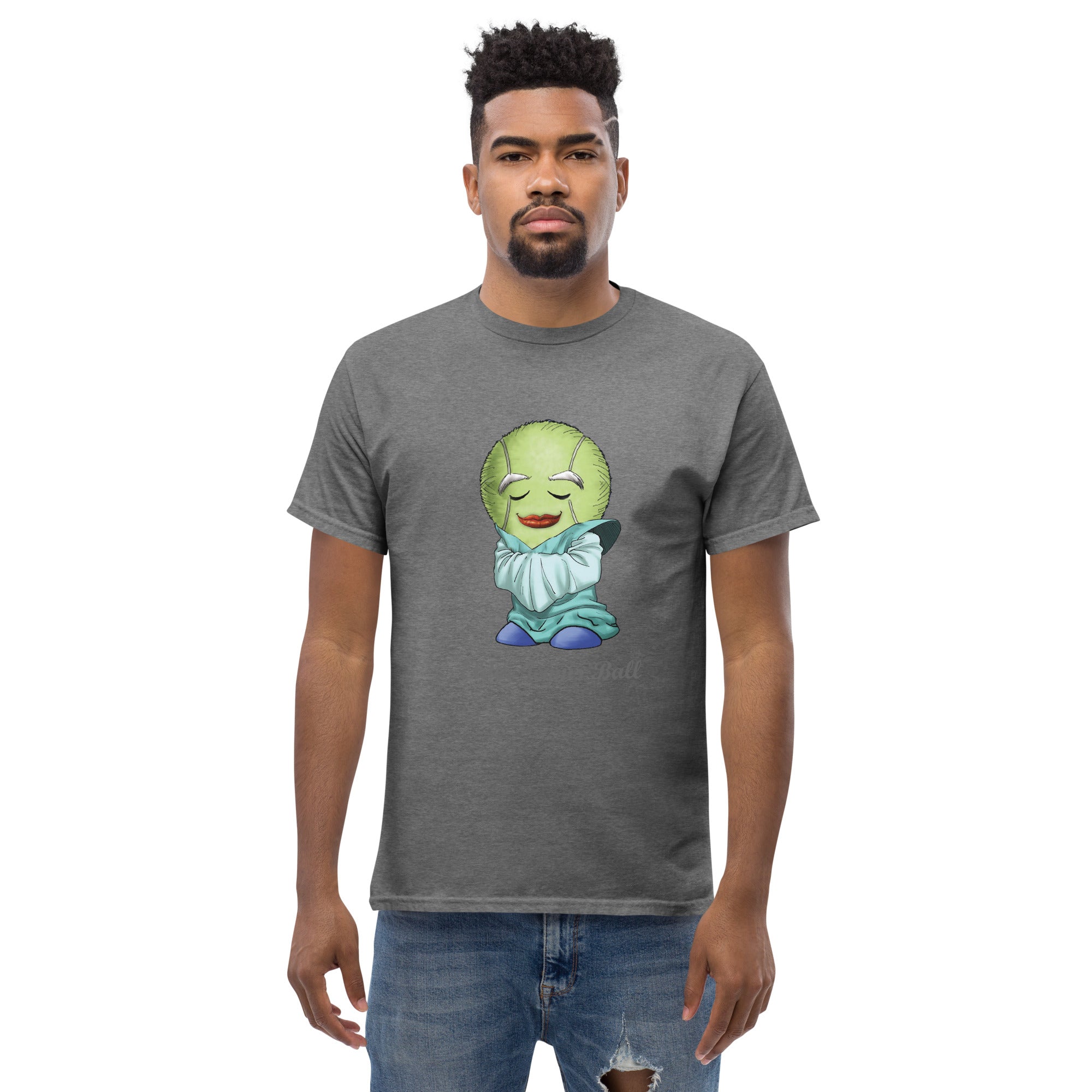 Man wearing a gray t-shirt with a Tennis Ball cartoon character print 