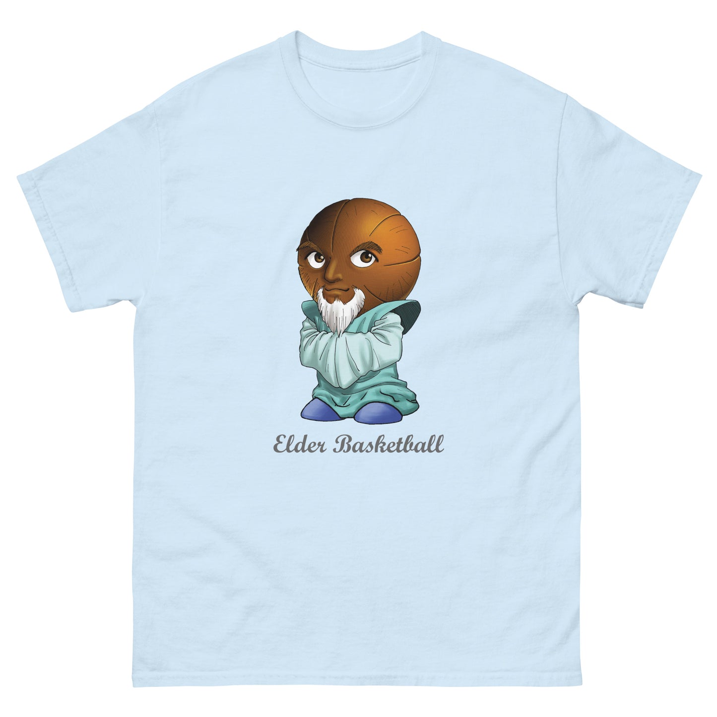 Light blue t-shirt with a Elder Basketball Print Men’s Classic Tee – Cotton Athletic Streetwear T-Shirt 