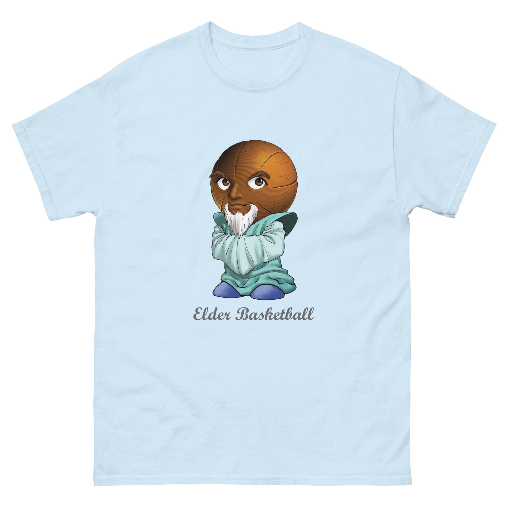 Light blue t-shirt with a Elder Basketball Print Men’s Classic Tee – Cotton Athletic Streetwear T-Shirt 