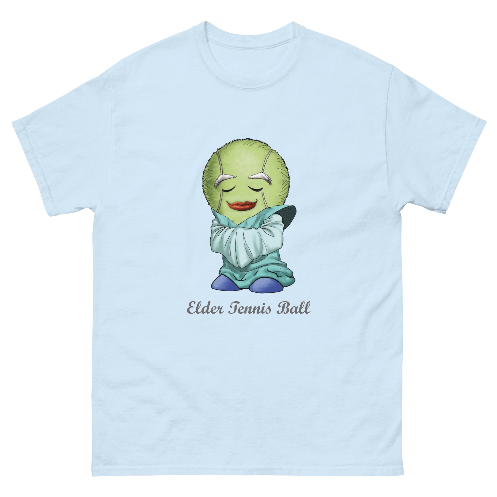 Light blue t-shirt with a cartoon character of a tennis ball