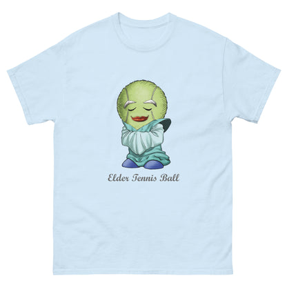 Light blue t-shirt with a cartoon character of a tennis ball