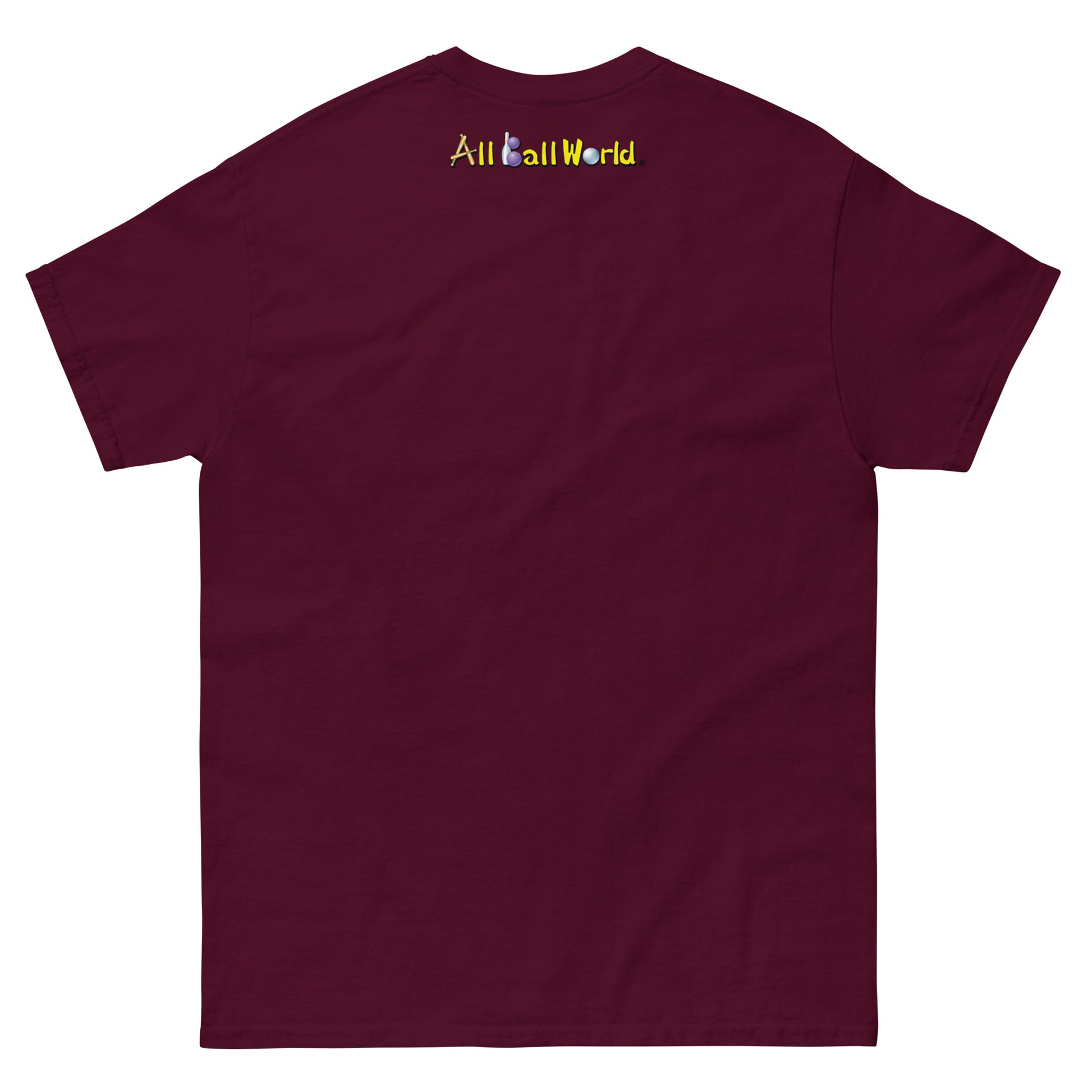 Maroon t-shirt with 'All Ball World' text at the back