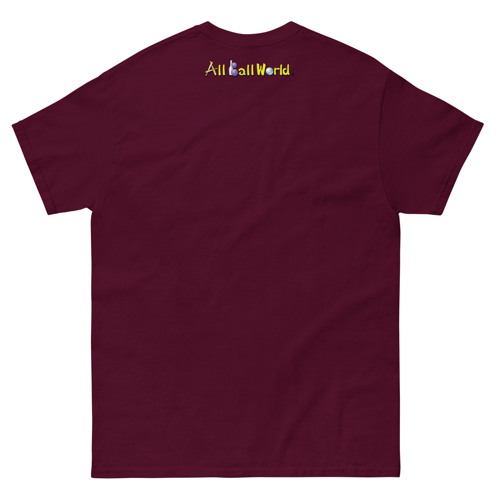 Maroon t-shirt with 'All Ball World' text at the back