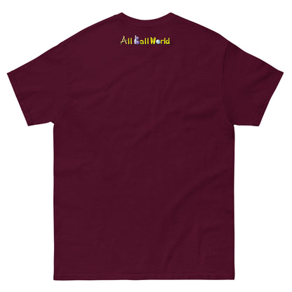 Maroon t-shirt with 'All Ball World' text at the back