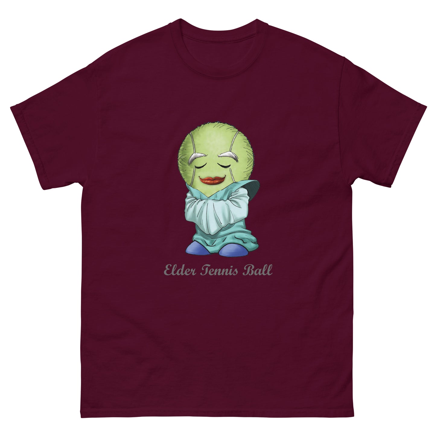 Maroon t-shirt with a cartoon tennis ball character and 'Elder Tennis Ball' text on a white background