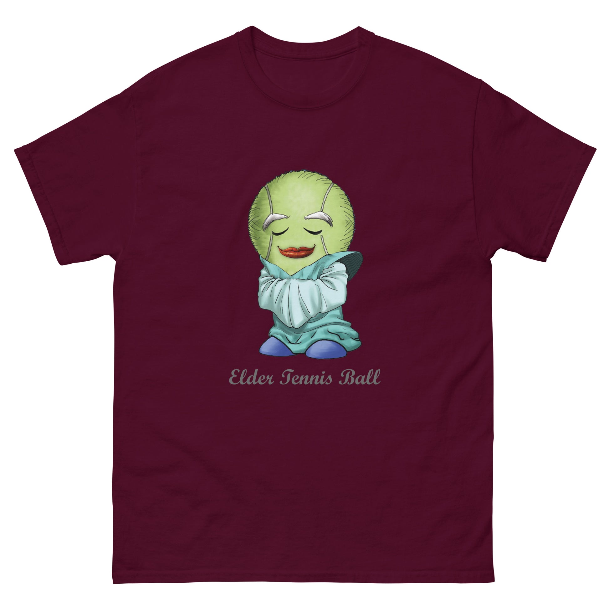 Maroon t-shirt with a cartoon tennis ball character and 'Elder Tennis Ball' text on a white background