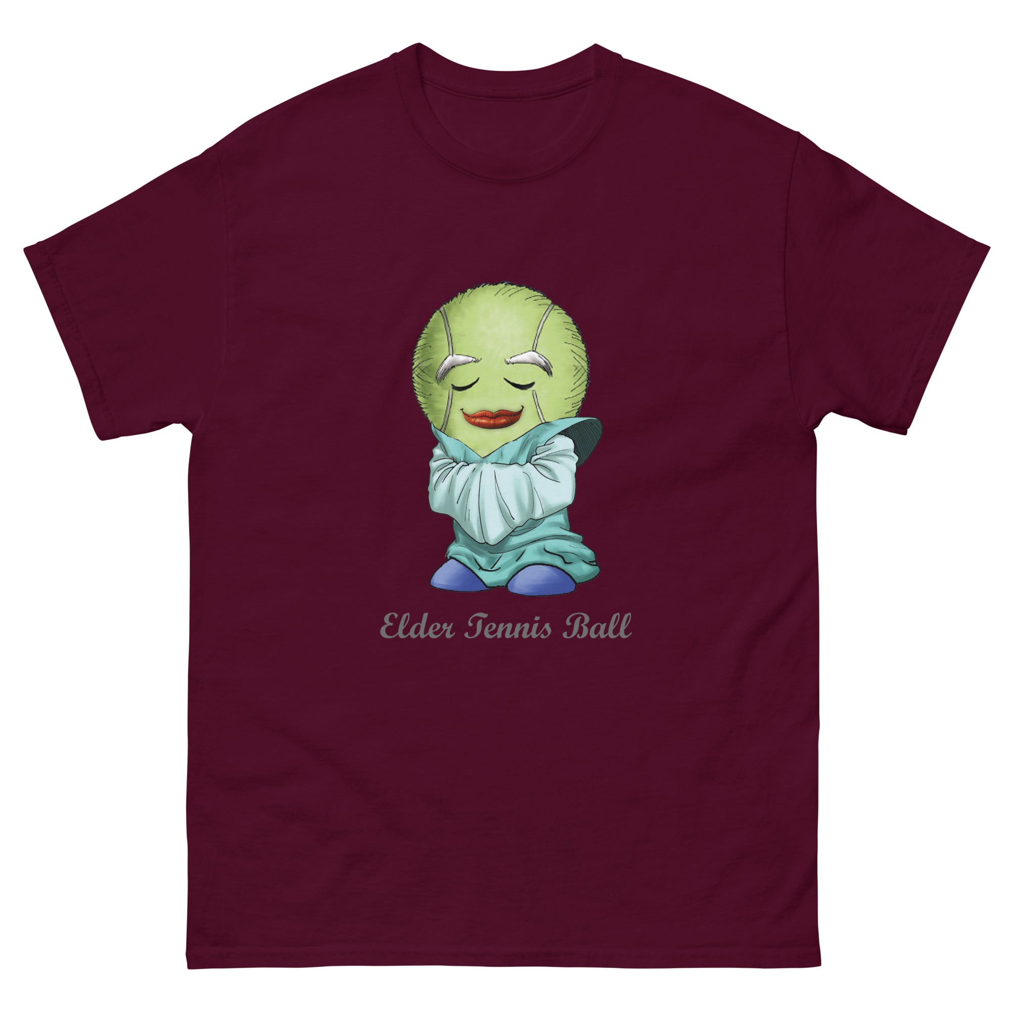 Maroon t-shirt with a cartoon tennis ball character and 'Elder Tennis Ball' text on a white background