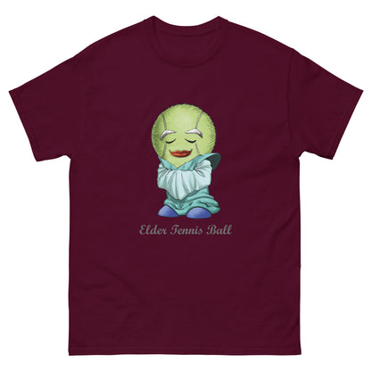 Maroon t-shirt with a cartoon tennis ball character and 'Elder Tennis Ball' text on a white background