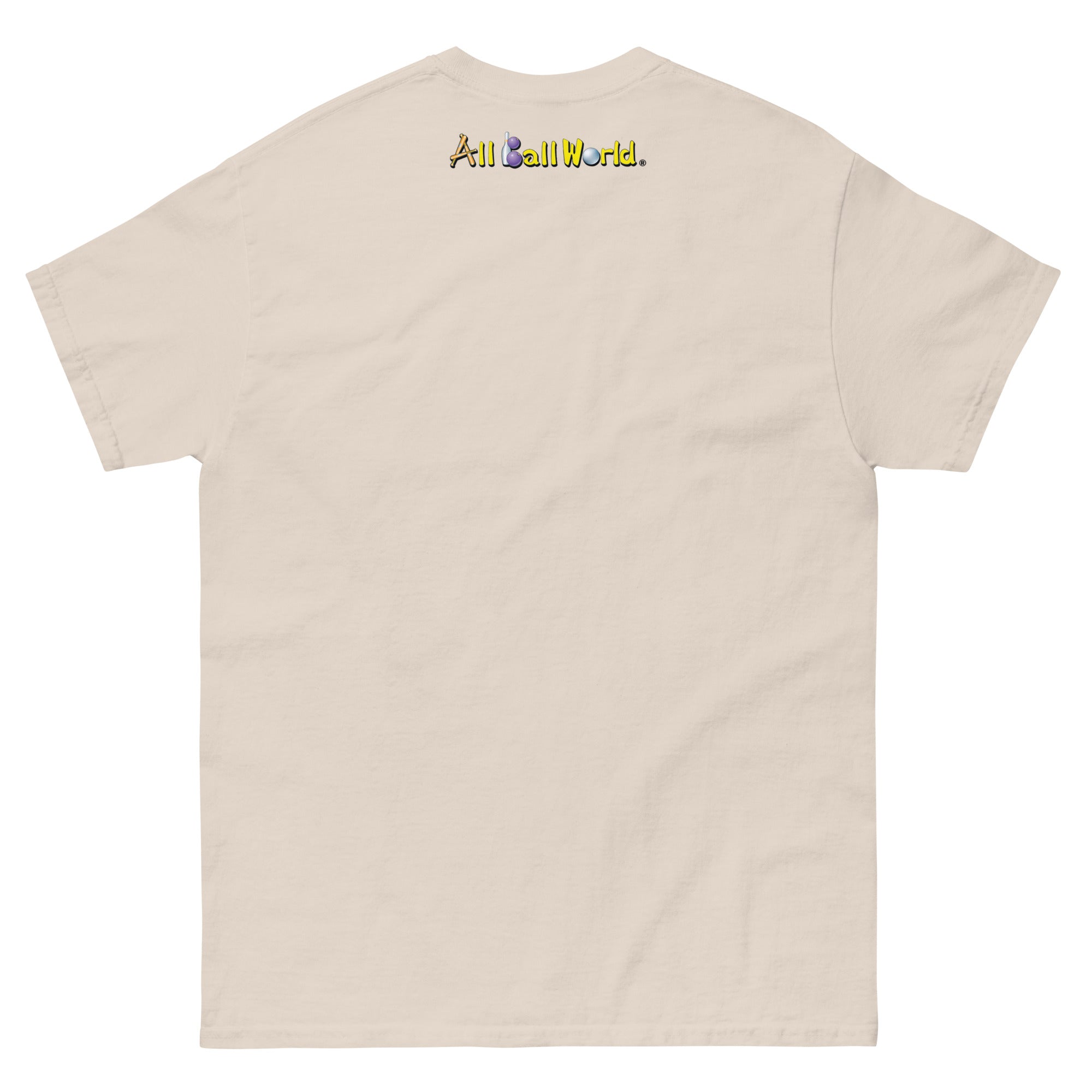 Beige t-shirt with 'All Ball World' text on the back 
