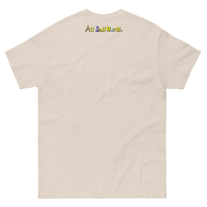 Beige t-shirt with 'All Ball World' text on the back 