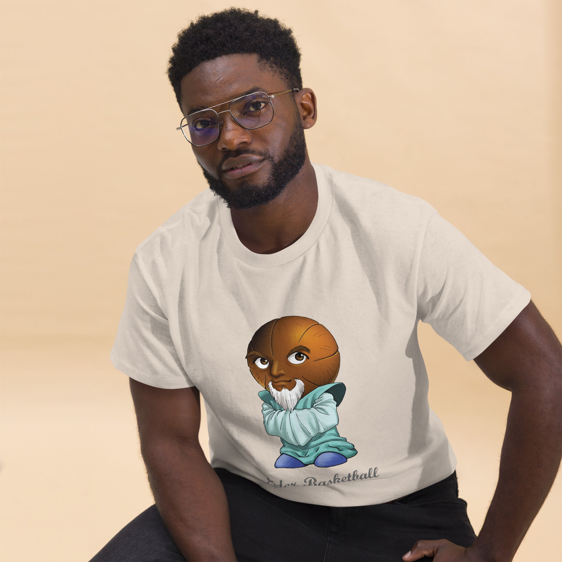 Man wearing a white t-shirt with a Elder Basketball Print Men’s Classic Tee – Cotton Athletic Streetwear T-Shirt 