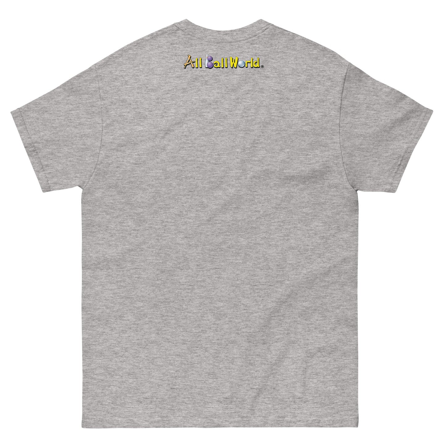 Gray t-shirt with 'All Ball World' text on the back 