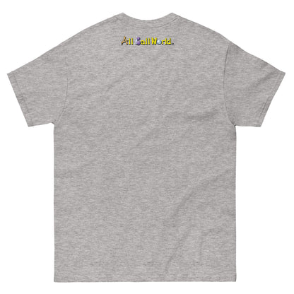 Gray t-shirt with 'All Ball World' text on the back 