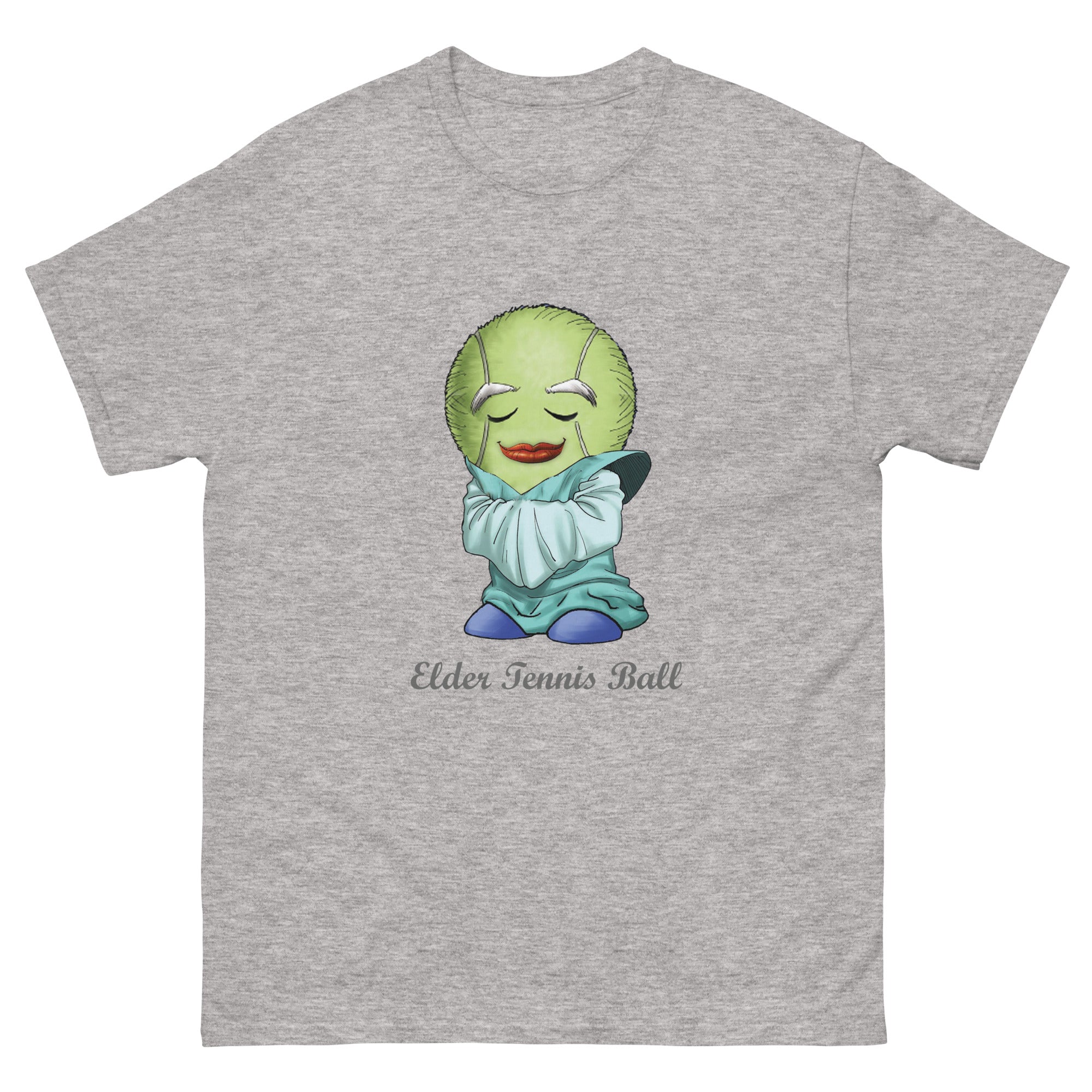 Gray t-shirt with a cartoon character of an elderly tennis ball print  