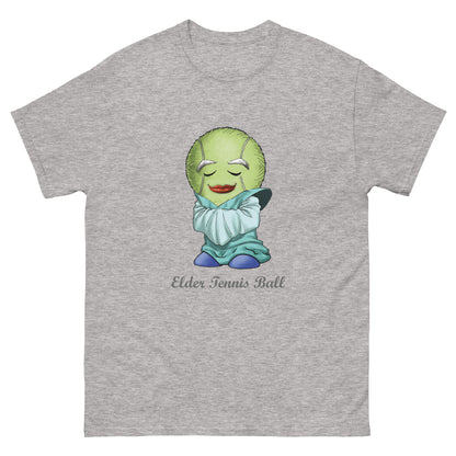 Gray t-shirt with a cartoon character of an elderly tennis ball print  