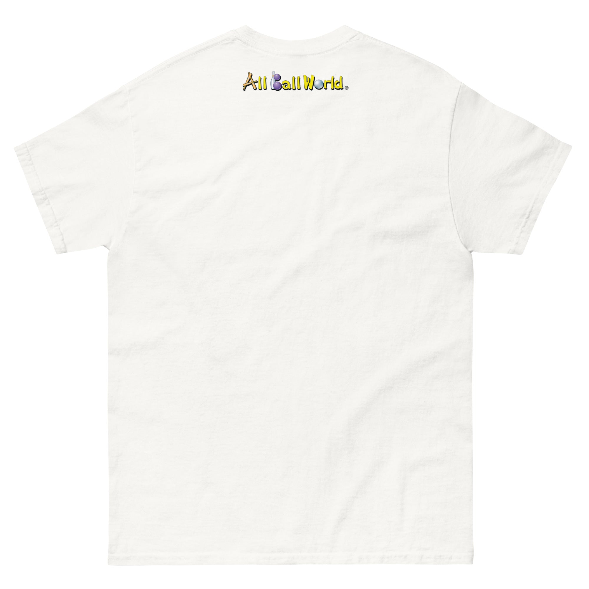 White t-shirt with 'All Ball World' text 