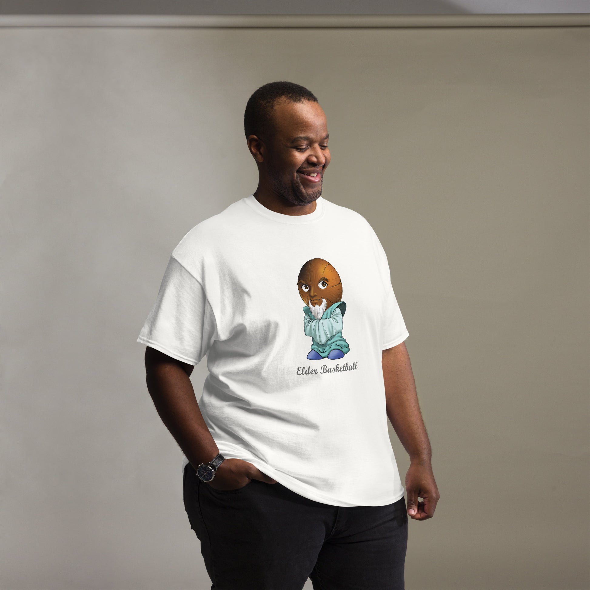 Man wearing a white t-shirt with a Elder Basketball Print Men’s Classic Tee – Cotton Athletic Streetwear T-Shirt 