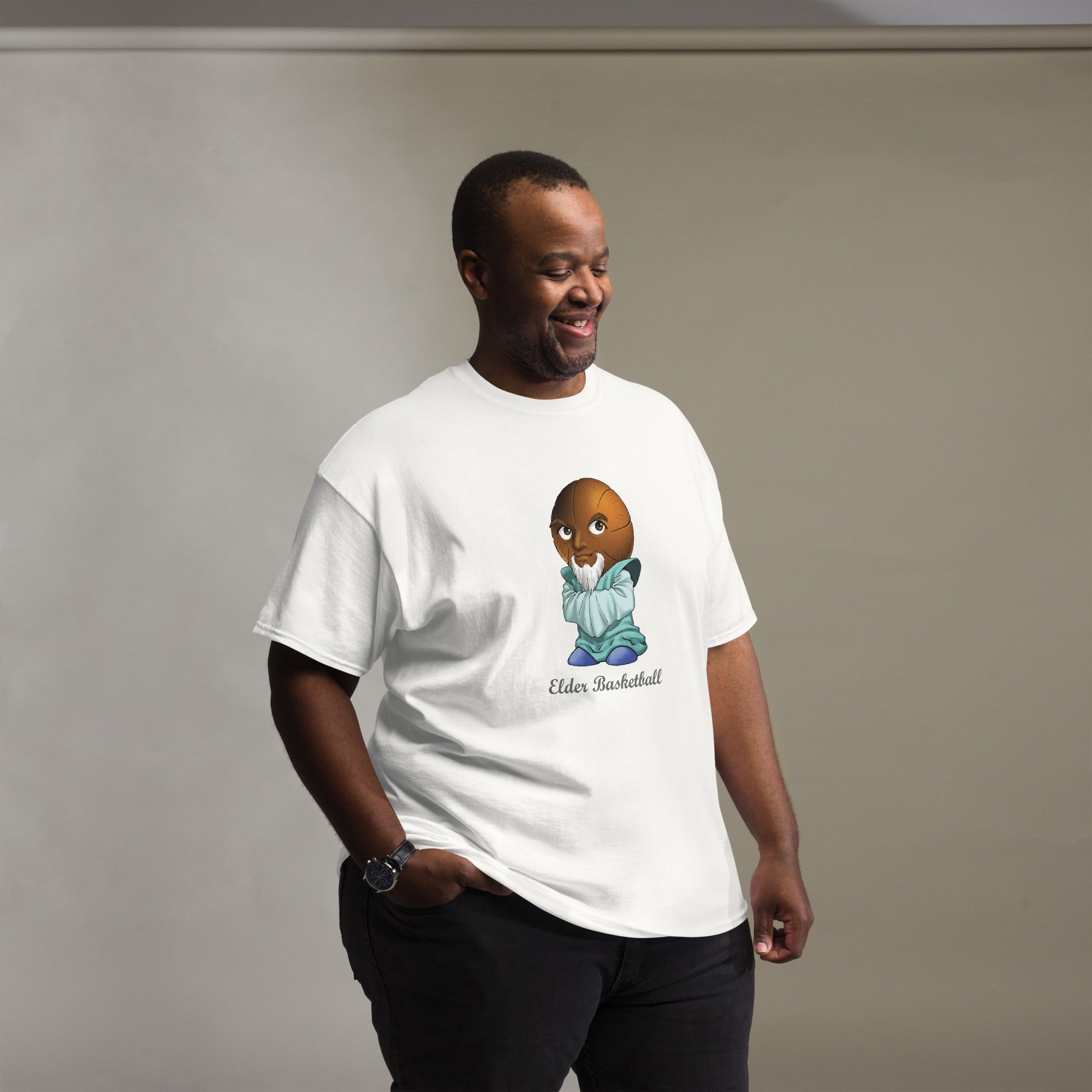 Man wearing a white t-shirt with a Elder Basketball Print Men’s Classic Tee – Cotton Athletic Streetwear T-Shirt 