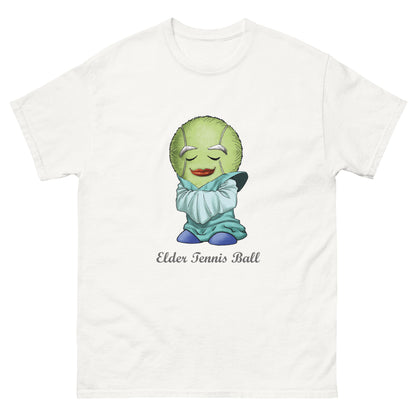 White t-shirt with a cartoon tennis ball character and 'Elderly Tennis Ball' text 
