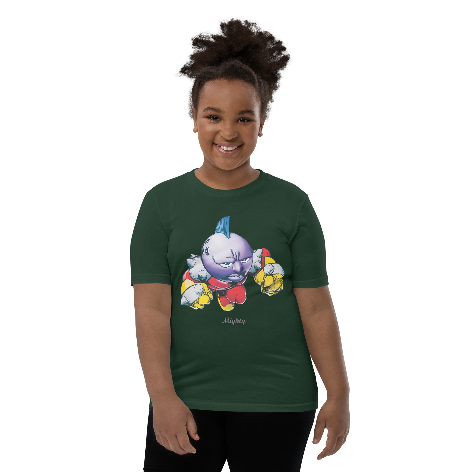 girl wearing a green t-shirt with a mighty printed design 