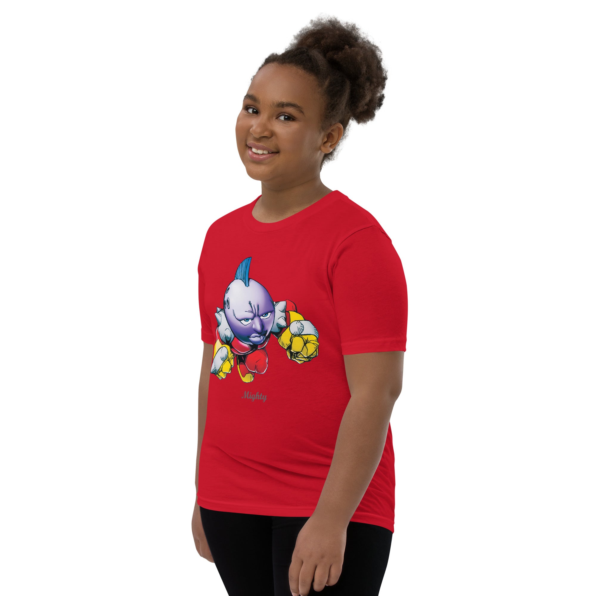 girl wearing a red t-shirt with a cartoon character on a white background