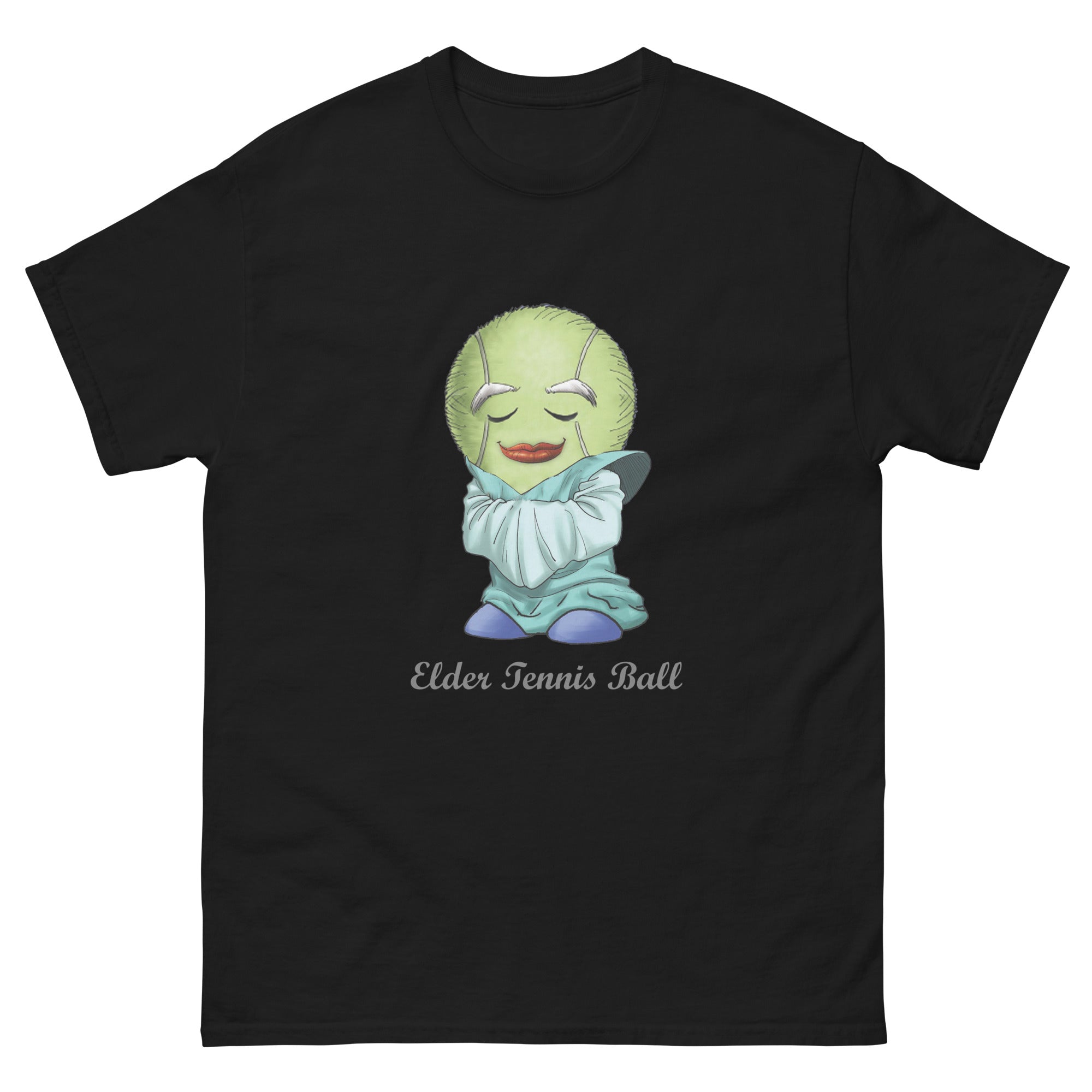 Black t-shirt with a Tennis Ball cartoon character print 