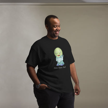 Man wearing a black t-shirt with a Tennis Ball cartoon character print 