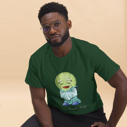 Man wearing a green t-shirt with a Tennis Ball cartoon character print 
