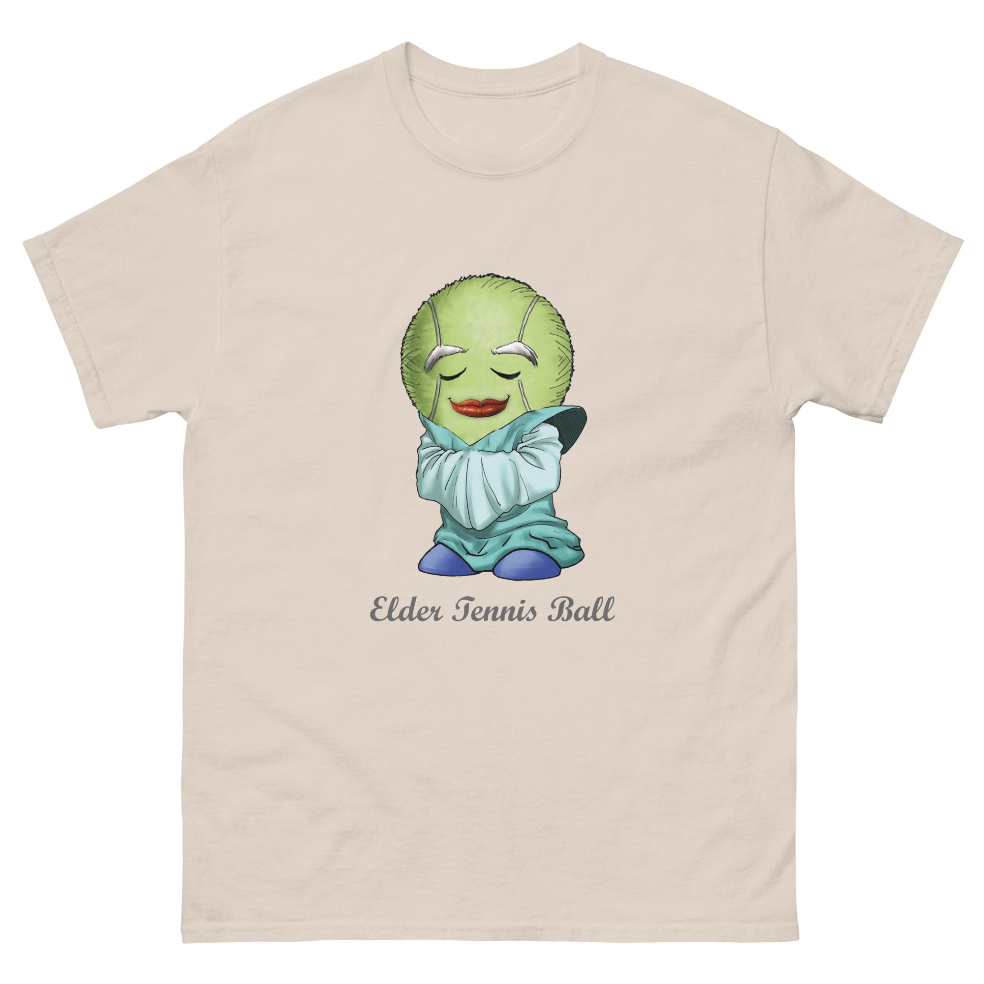 Beige t-shirt  with a cartoon character of an elderly tennis ball print  
