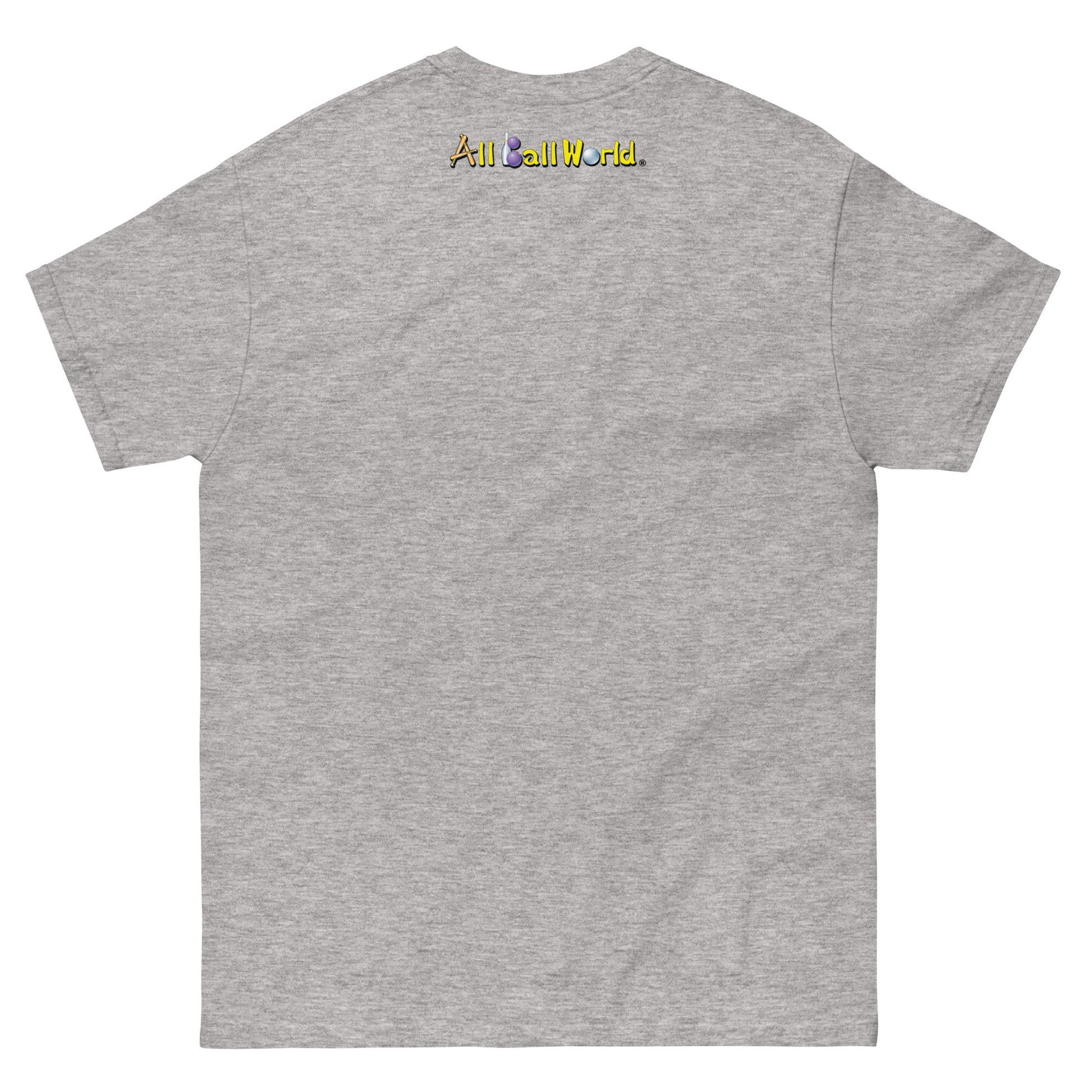 Gray t-shirt with 'All Ball World' text on the back 