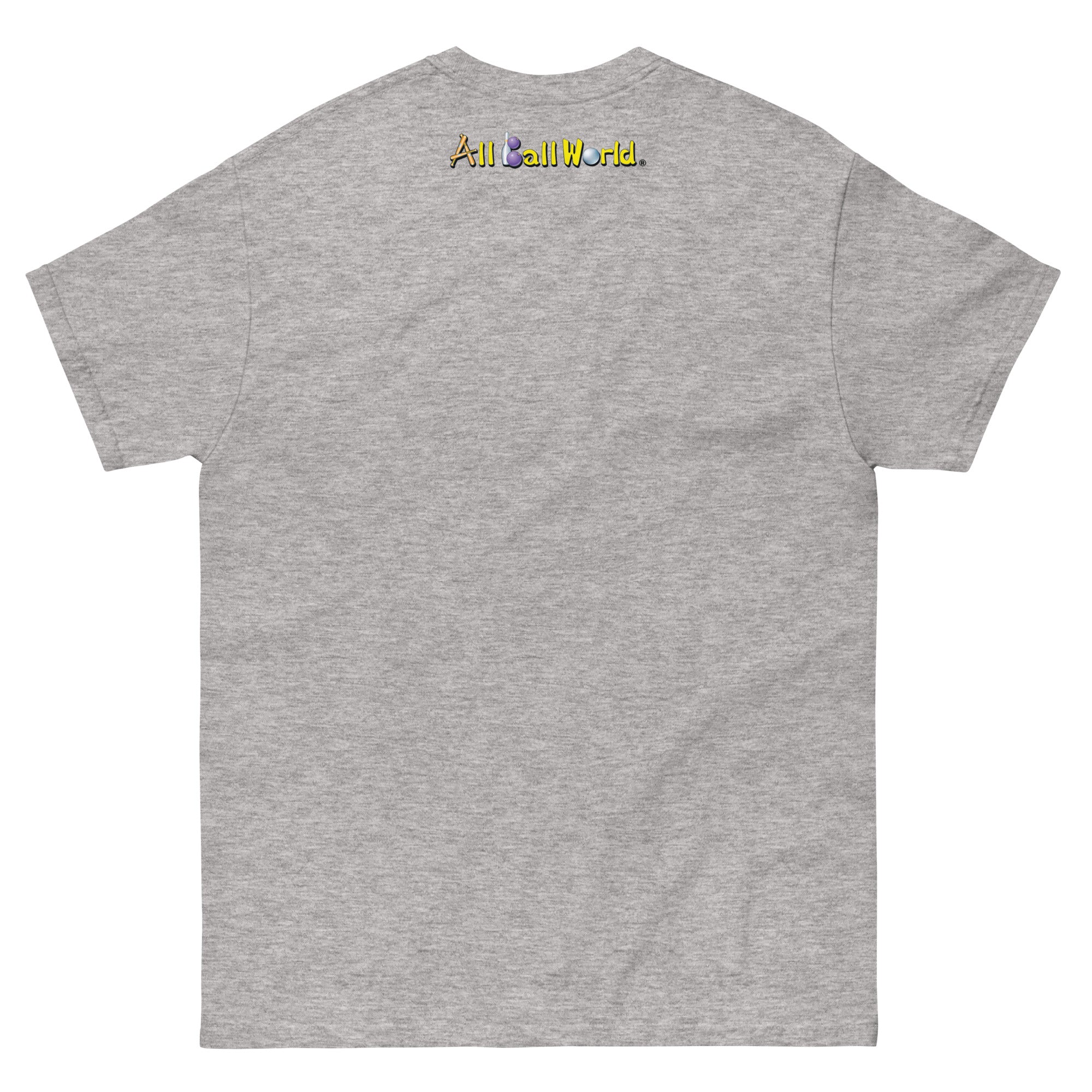 Gray t-shirt with 'All Ball World' text on the back 