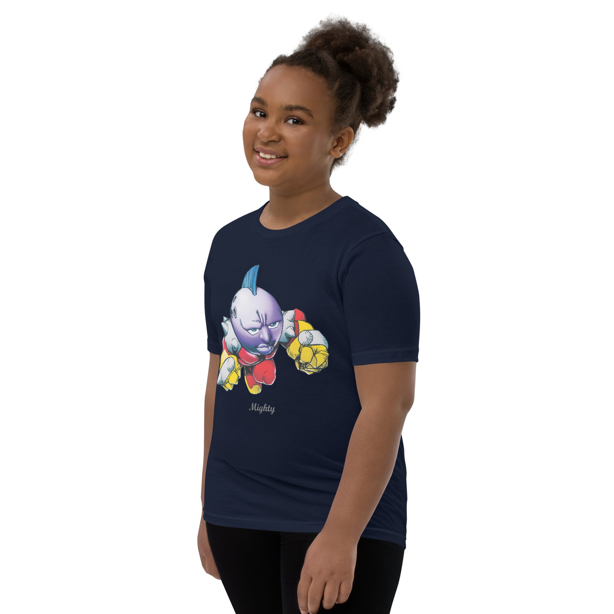 Girl wearing a navy blue t-shirt with a mighty graphic design
