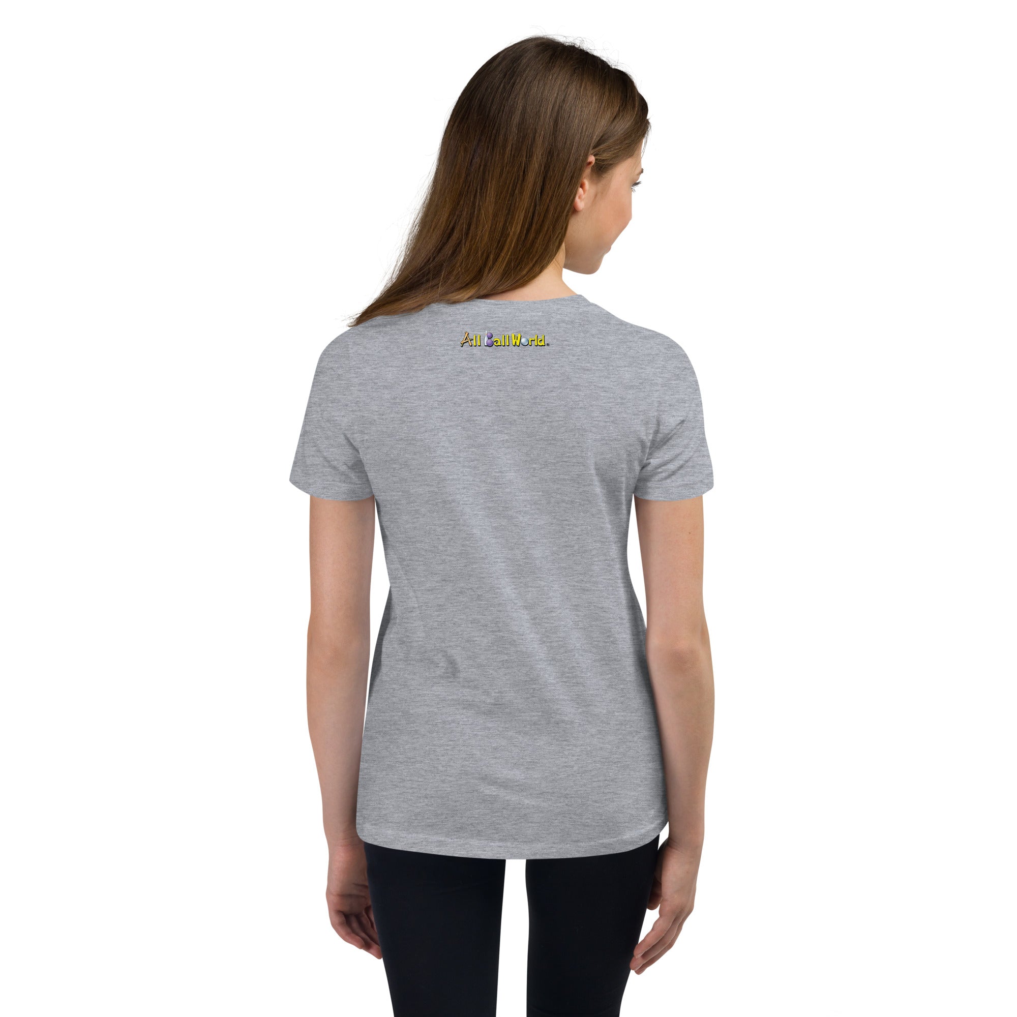Teen wearing a gray t-shirt All Ball World at the back