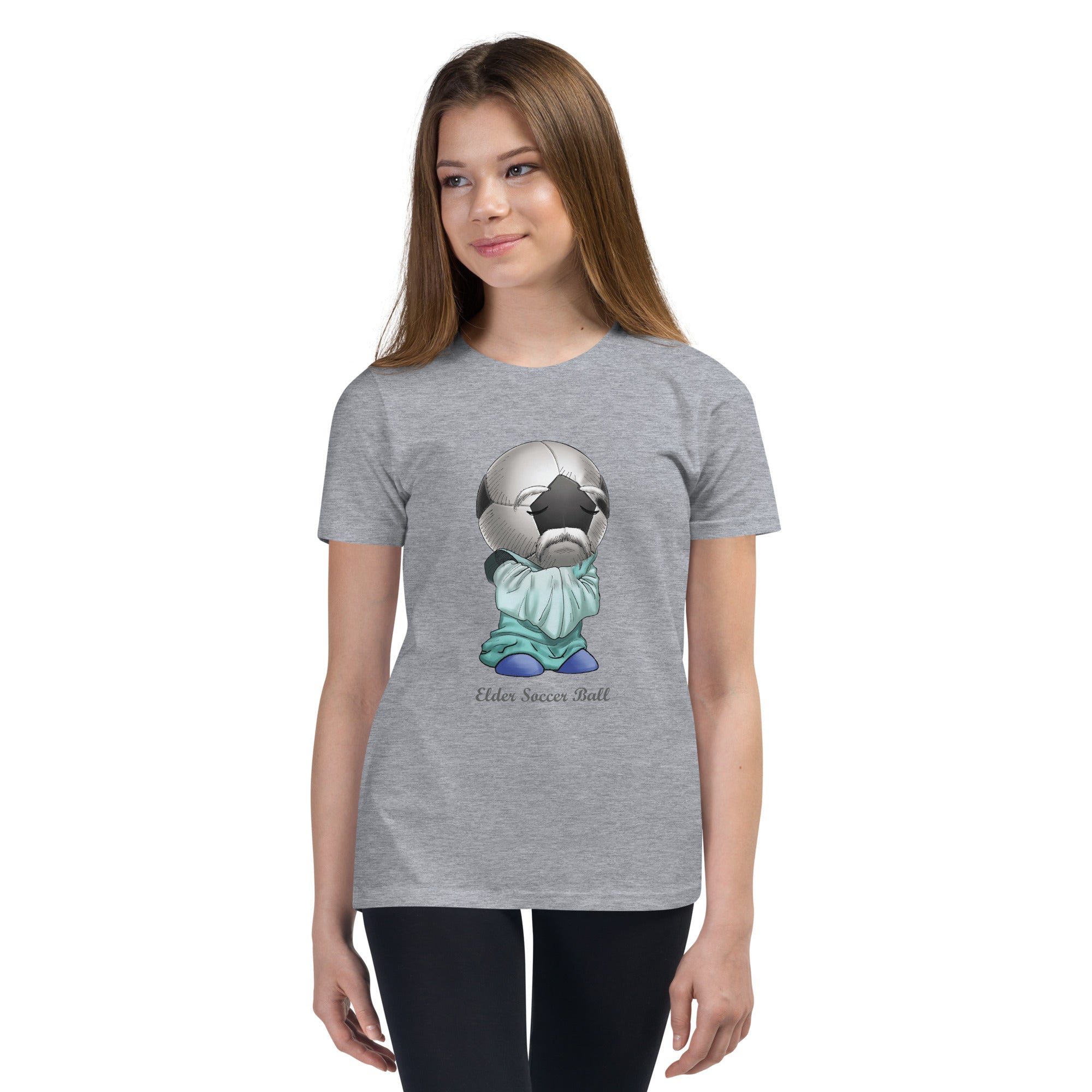Teen  wearing a gray t-shirt with  Elder Soccer Ball a graphic design
