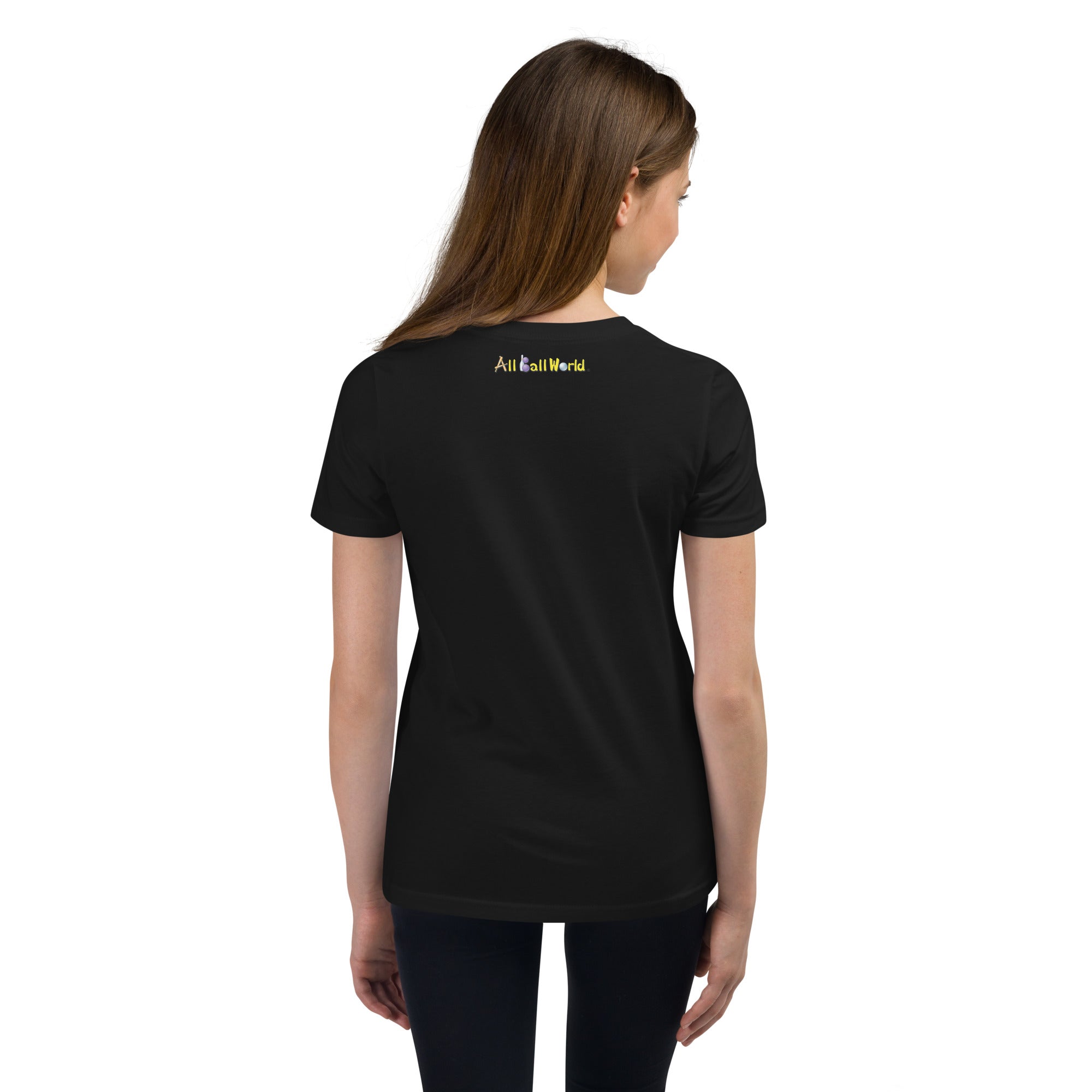 Teen wearing a black t-shirt with 'All Ball World" text on the back,