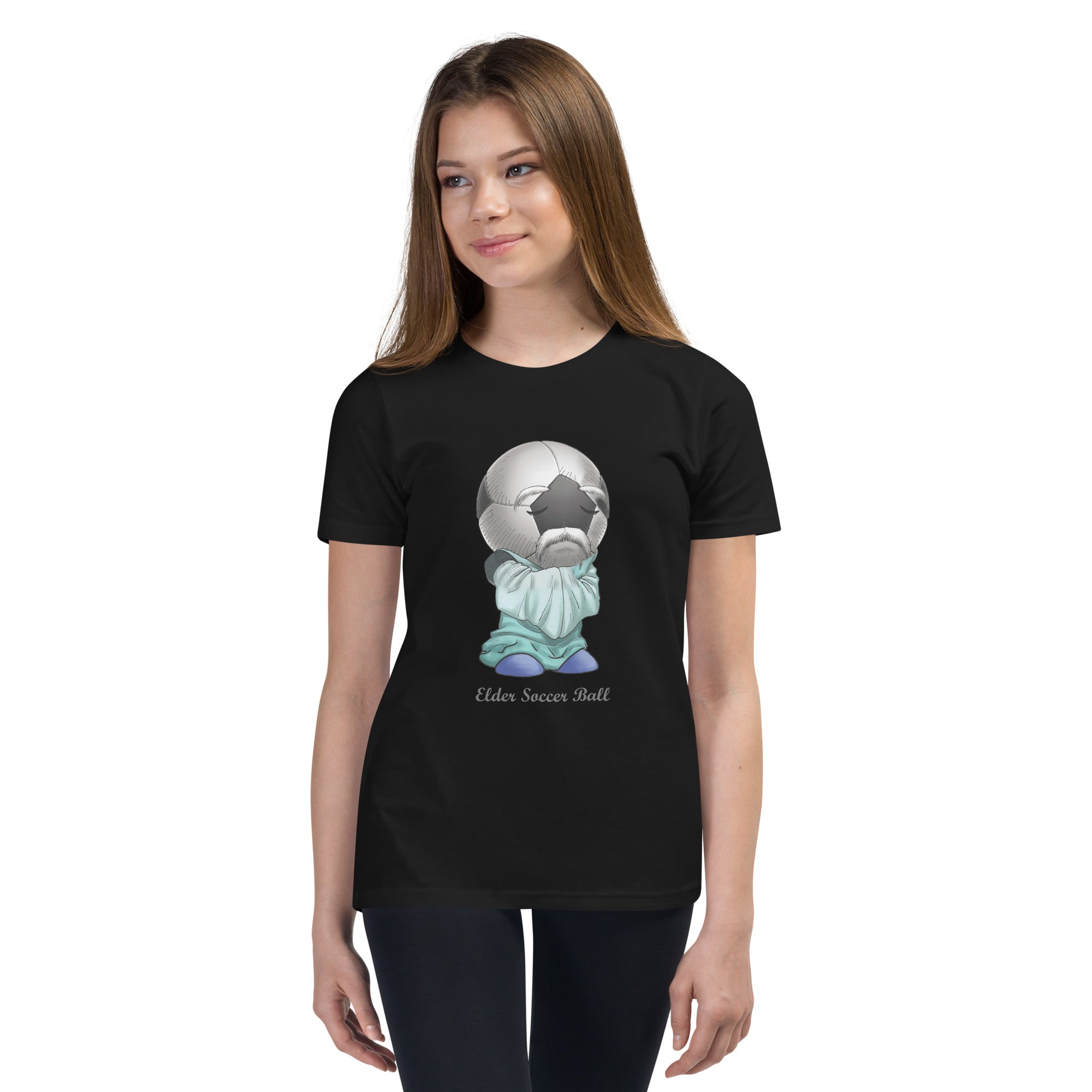 Teen wearing a black t-shirt with elder soccer ball graphic design 