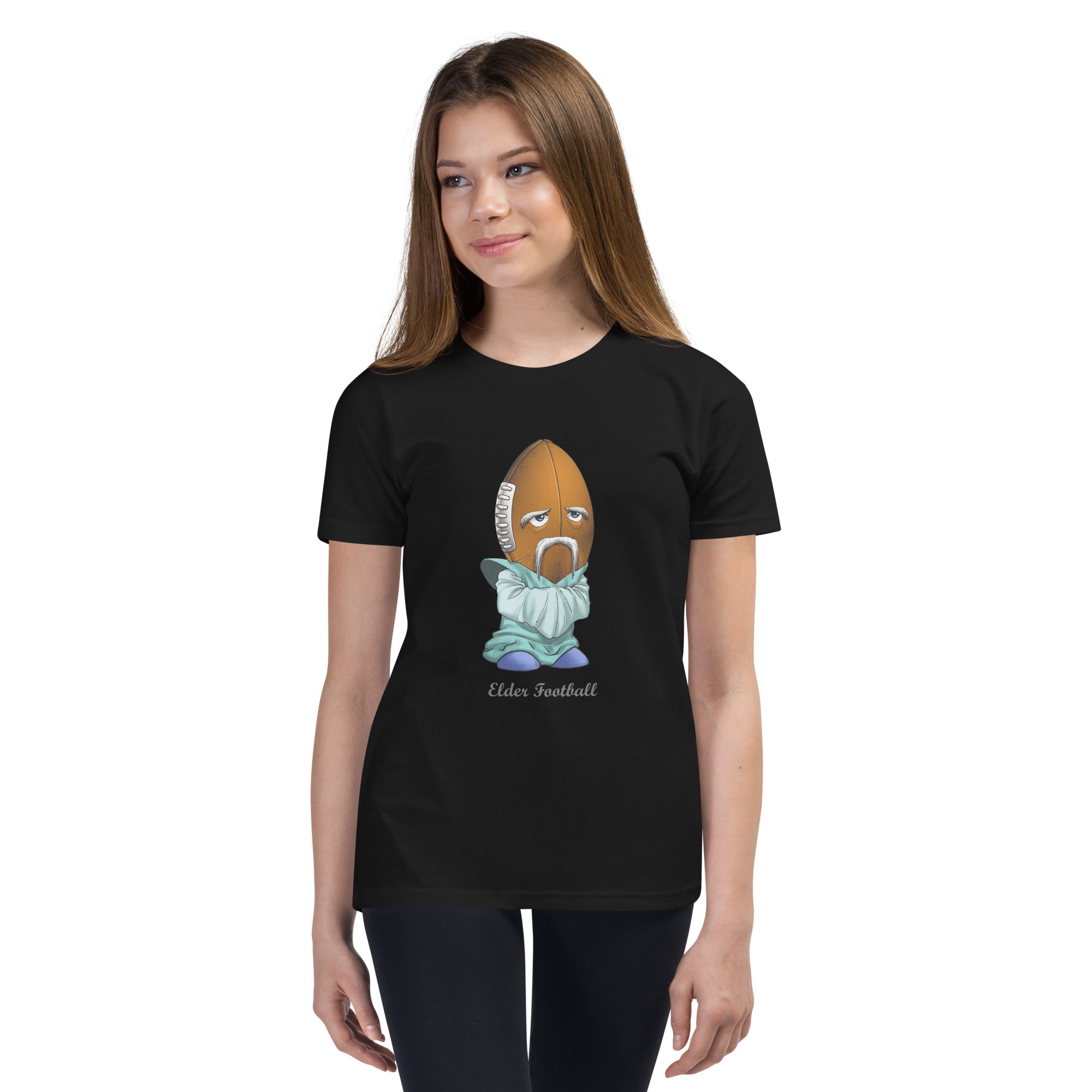Teen wearing a black t-shirt with an elder football graphic design