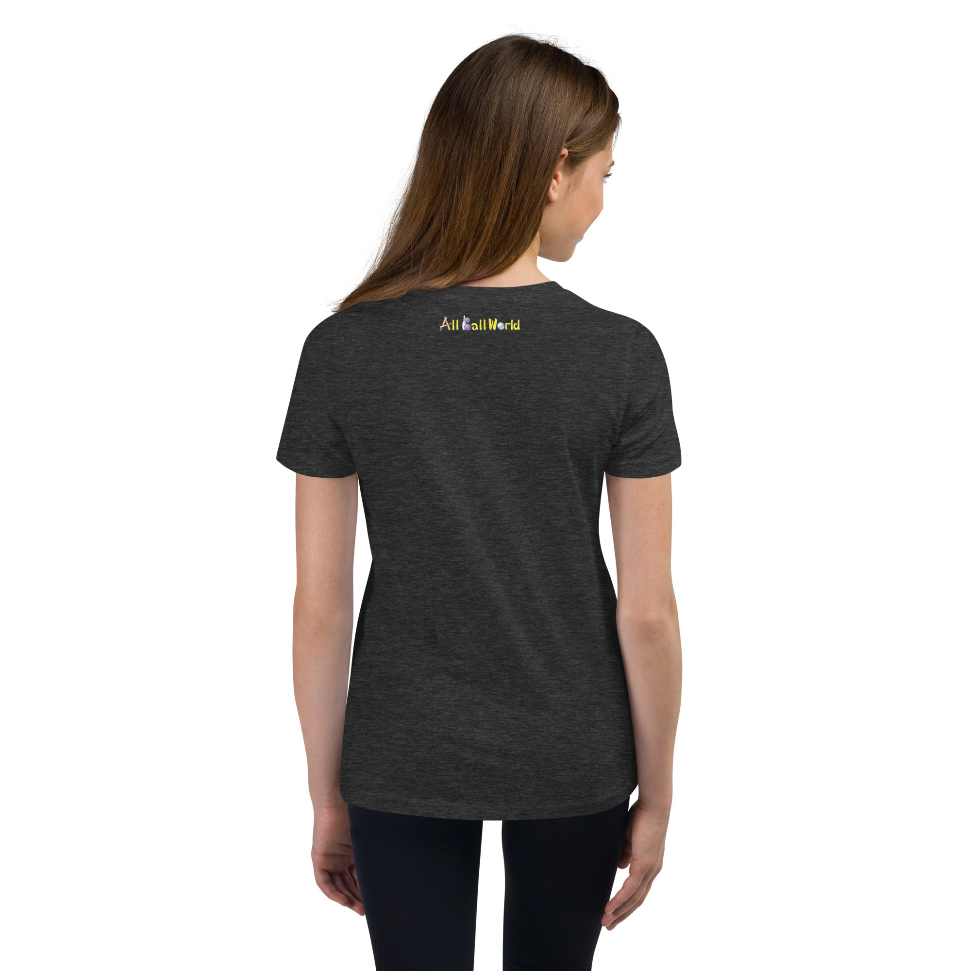 Teen wearing a dark gray t-shirt with 'All Ball World' logo on the back