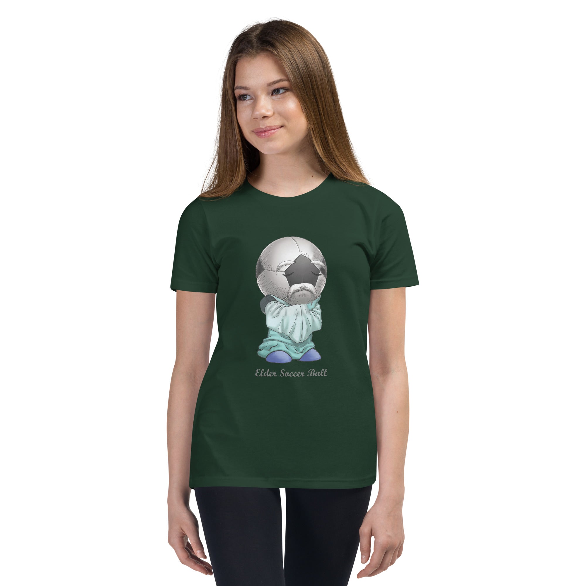 Teen wearing a green t-shirt with a Elder Soccer Ball graphic design 
