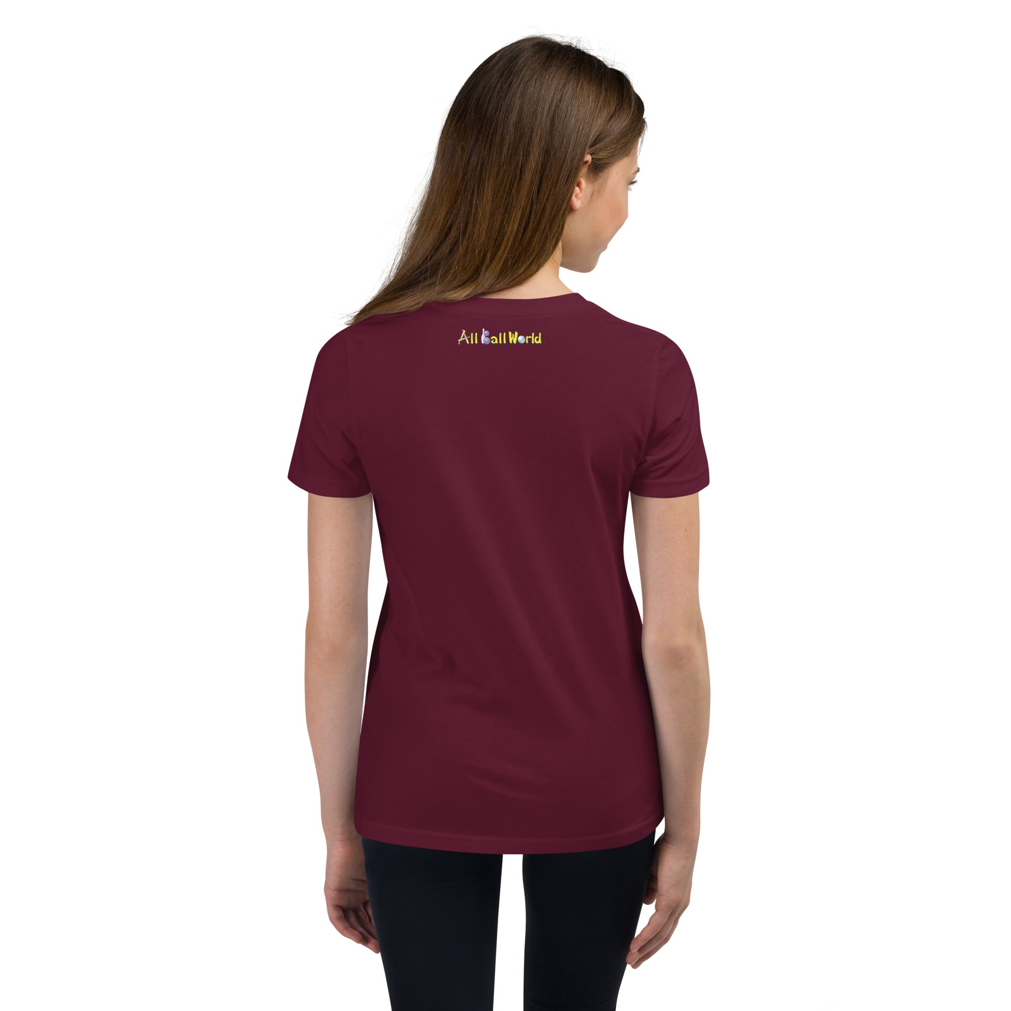 Teen wearing a maroon t-shirt with  "All Ball World" text on the back 