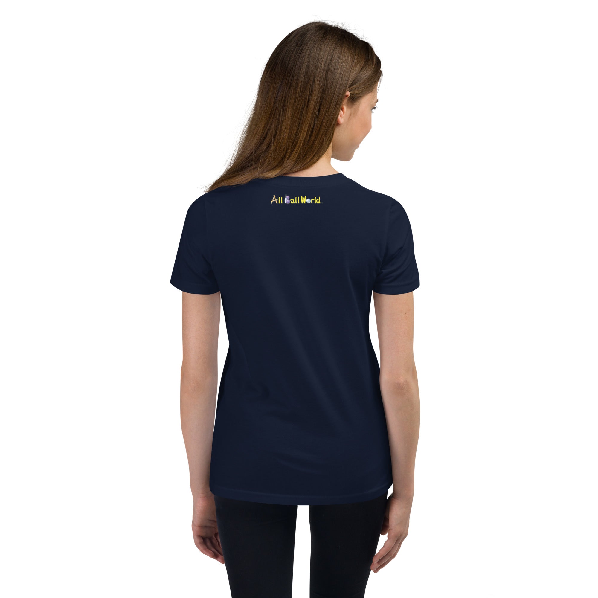 Teen wearing a navy blue t-shirt with 'All Ball World' text on the back, 