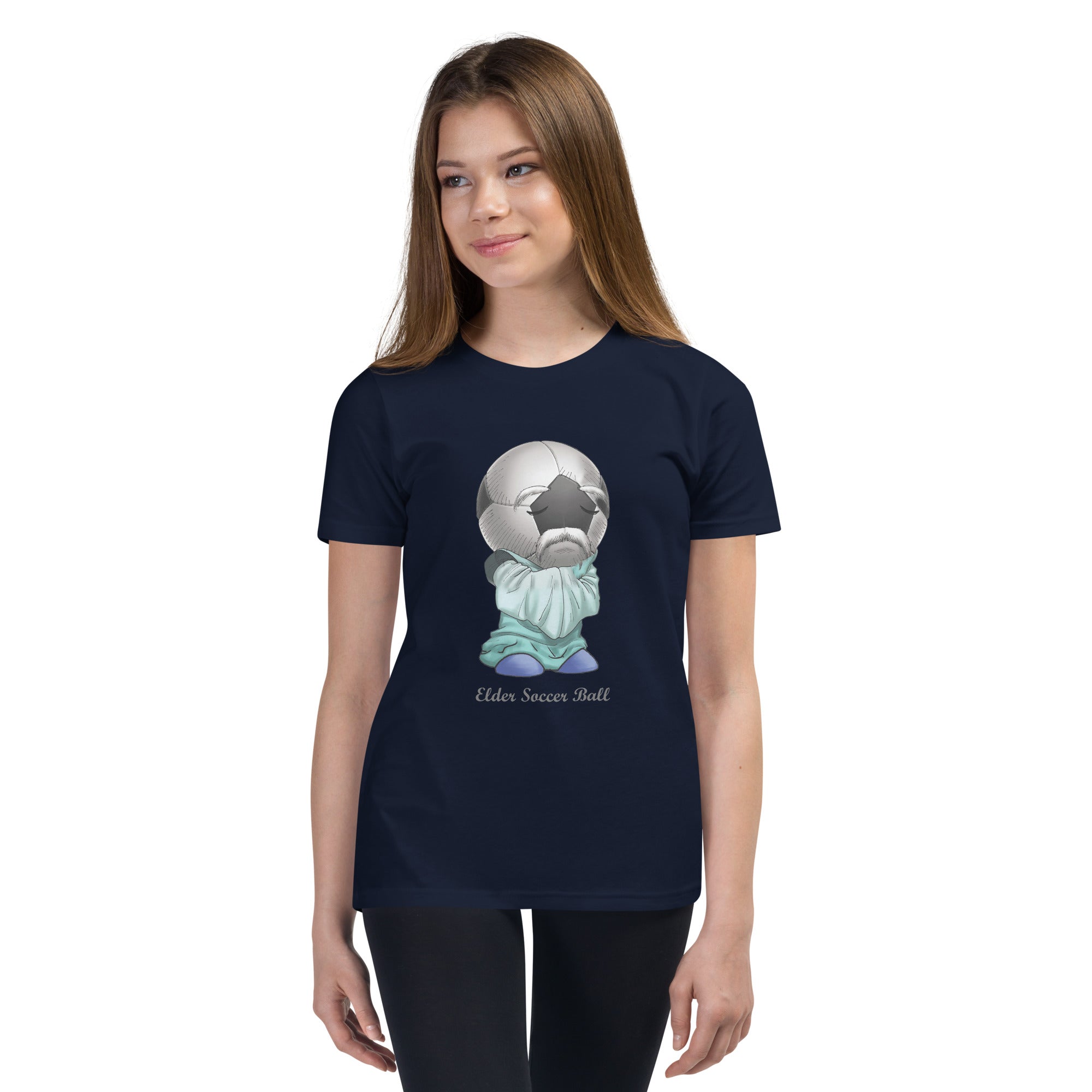 Teen wearing a navy blue  t-shirt with elder soccer ball graphic design 