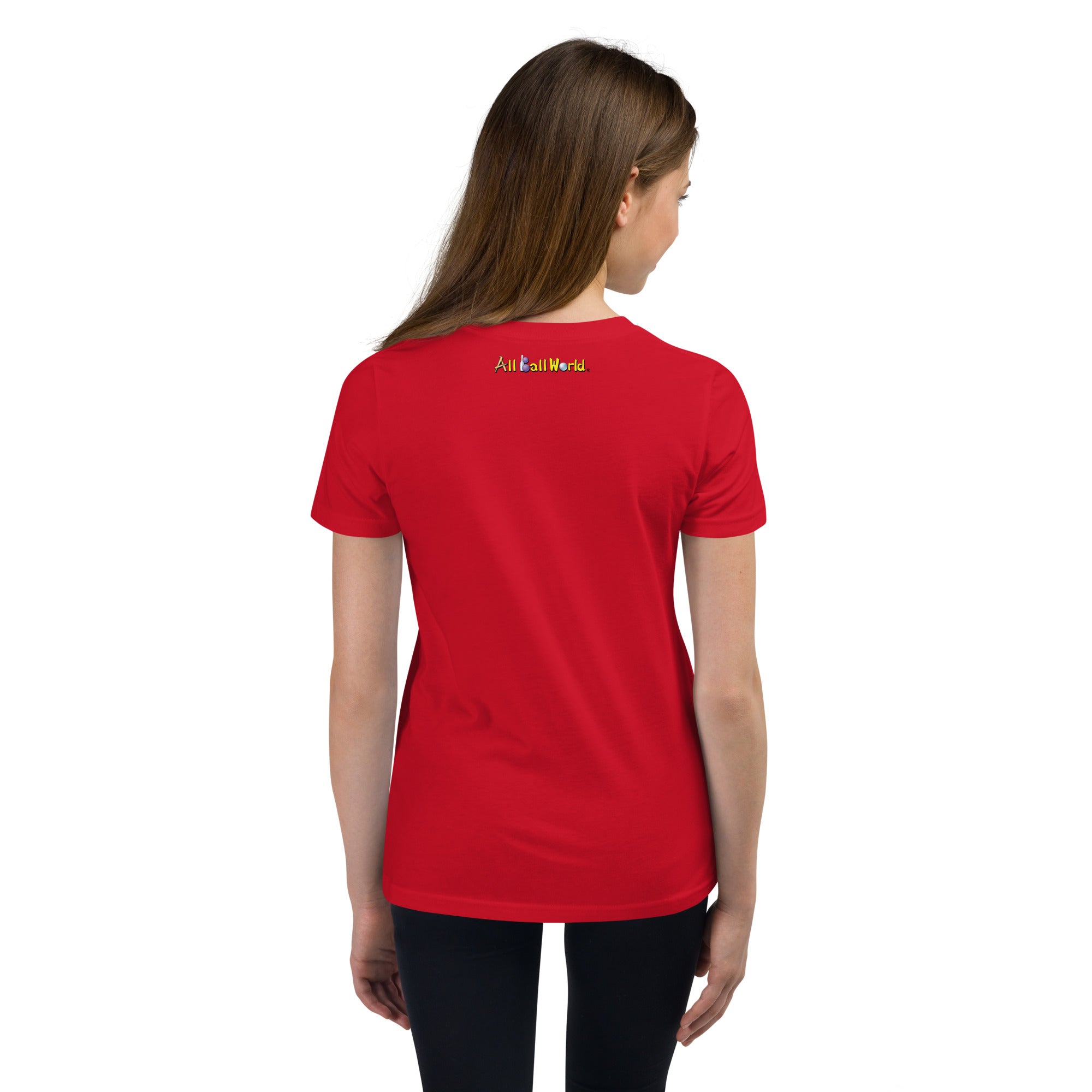 Teen  wearing a red t-shirt with  " All Ball World" text on the back 