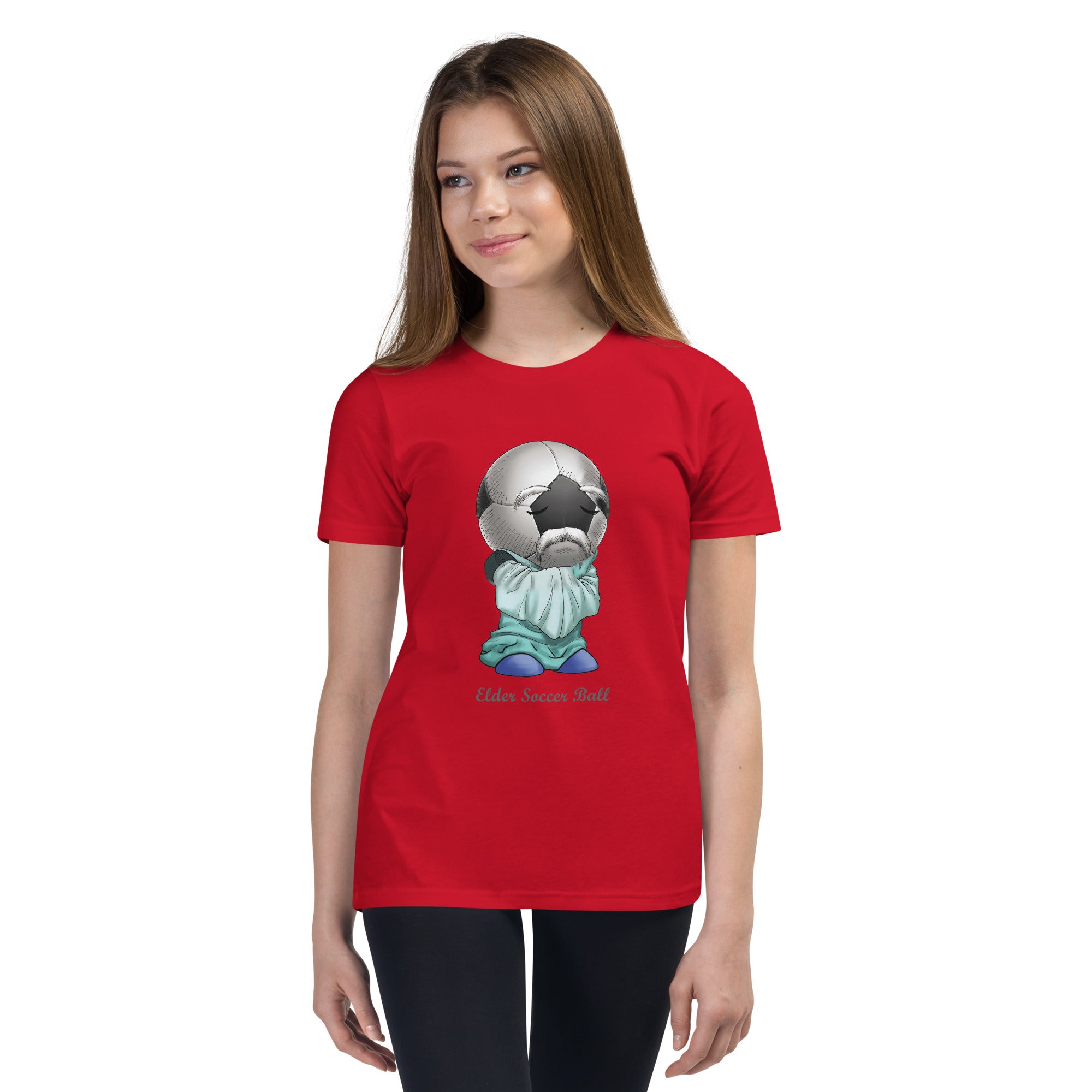 Teen wearing a red t-shirt with a graphic design on a white background