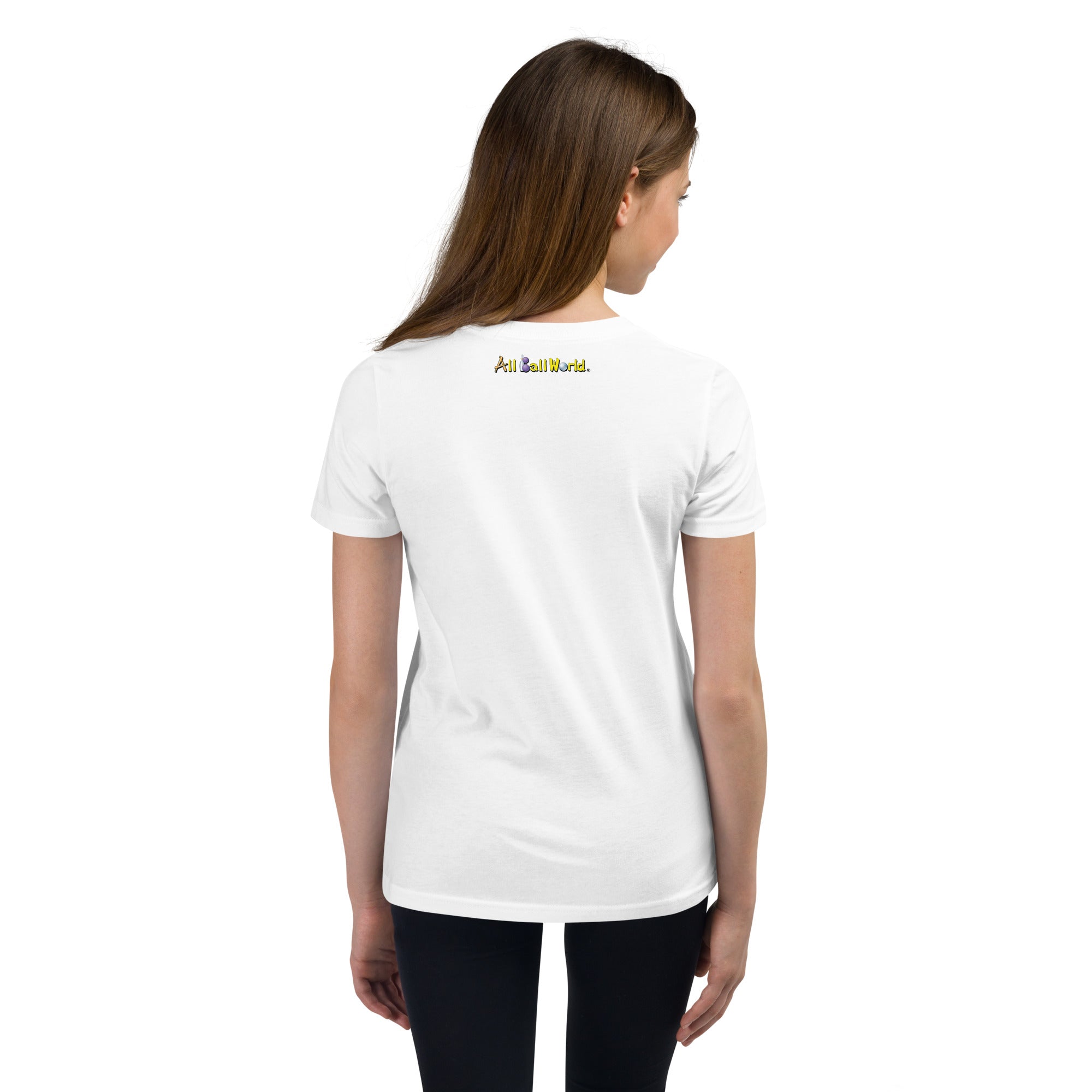 Teen wearing a white t-shirt with an "All Ball World" at the back
