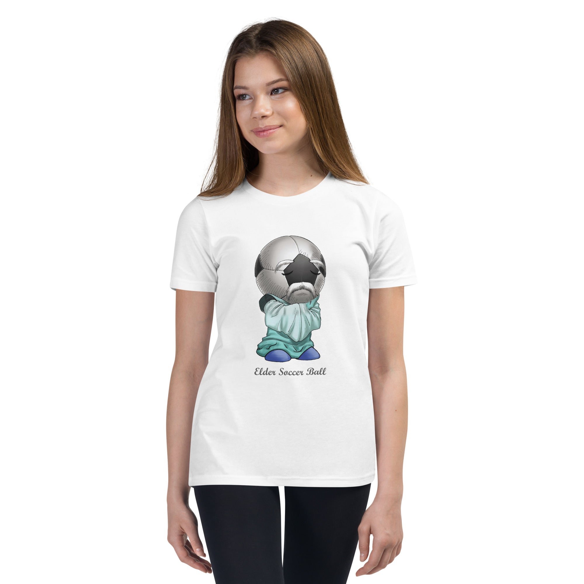 Teen wearing a white t-shirt with an Elder Soccer Ball a graphic design